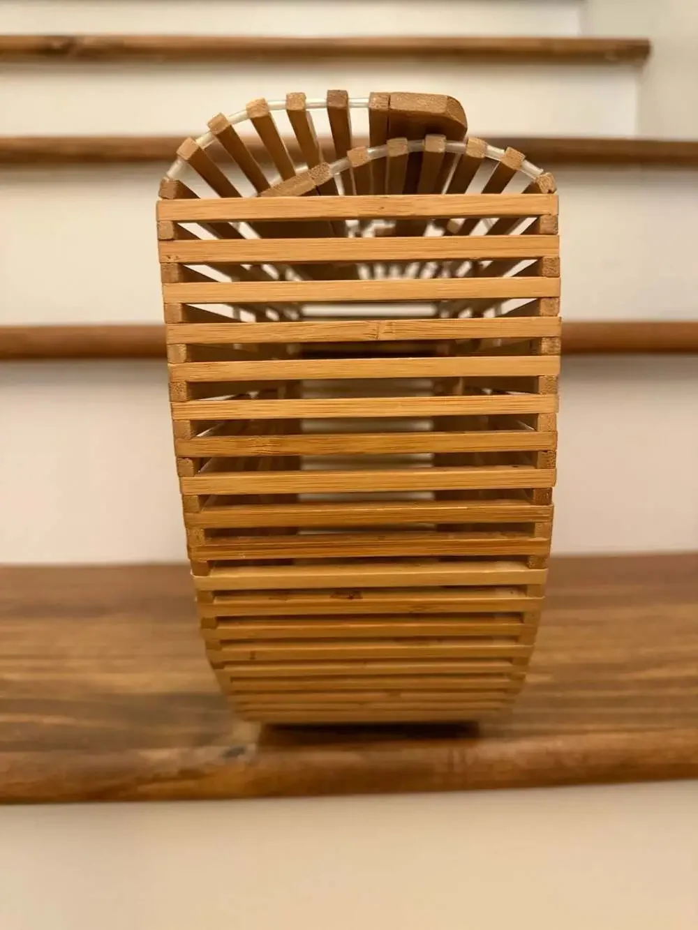 Vintage Half-Moon Bamboo Wood Picnic Basket Purse